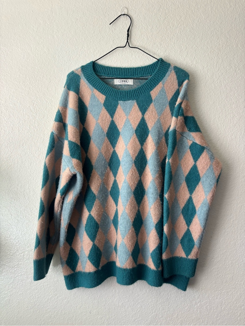 Cider Teal, Light Pink & Light Blue Argyle Crewneck Sweater - Men